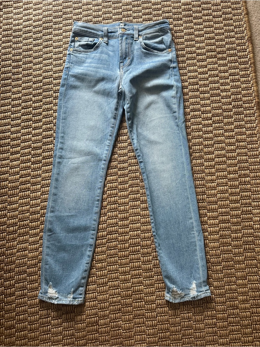 7 For All Mankind Light Wash Skinny Jeans with Ankle Distress